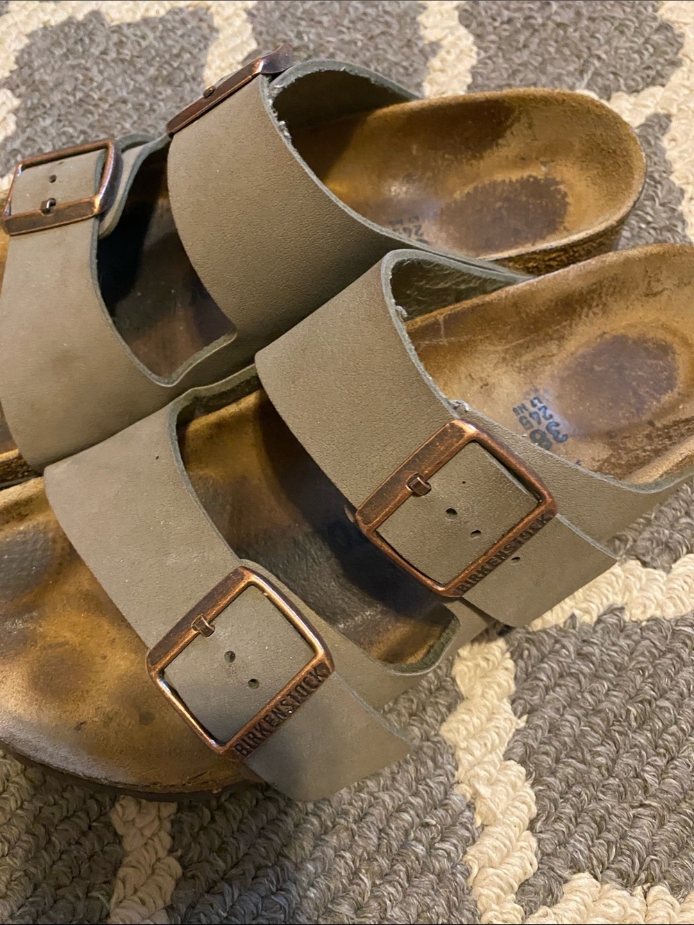 Birkenstock Two-Strap Arizona Sandals in Olive Green with Copper Buckles